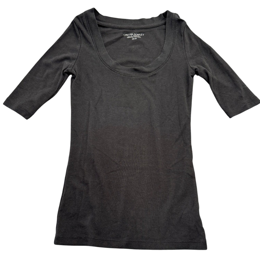 Cynthia Rowley Womens Black Pima Cotton Modal Scoop Neck Elbow Sleeve Top XS